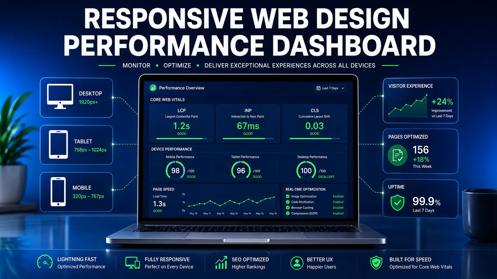 Performance dashboard showing Core Web Vitals scores across devices for responsive web design