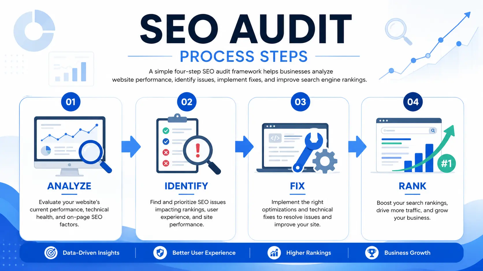 Four-step SEO audit process: analyze, identify, fix, and rank