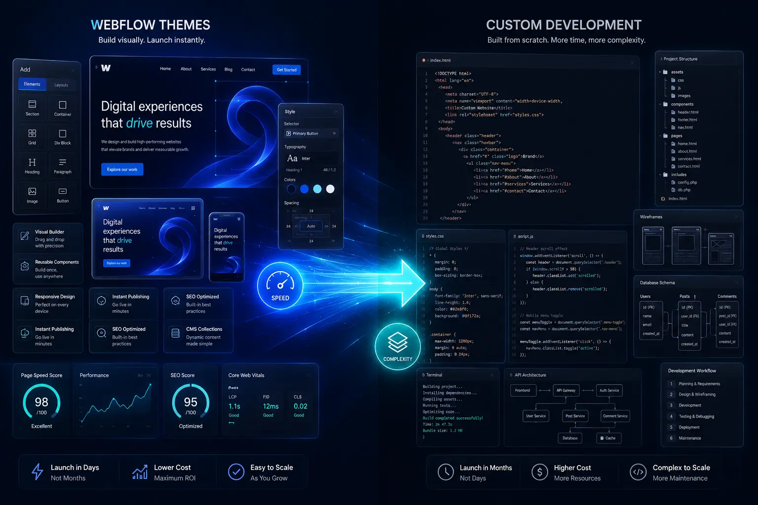 Comparison of Webflow theme efficiency versus custom coding from scratch | Webtricker