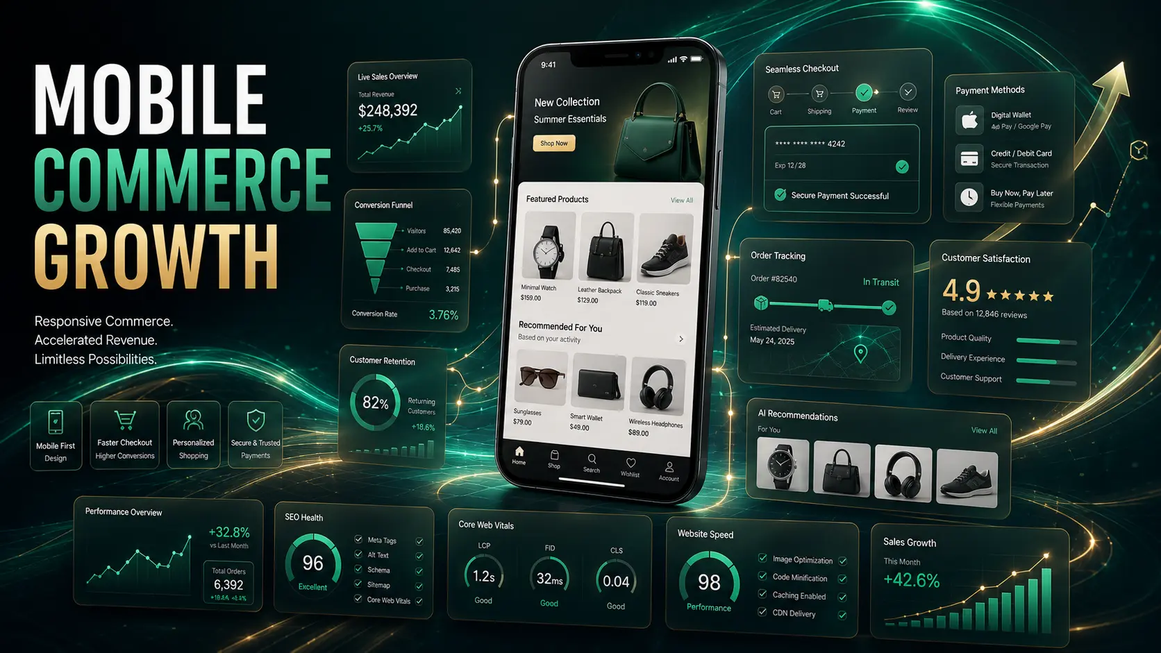 Mobile commerce statistics showing growth in mobile shopping and responsive design importance | Webtricker