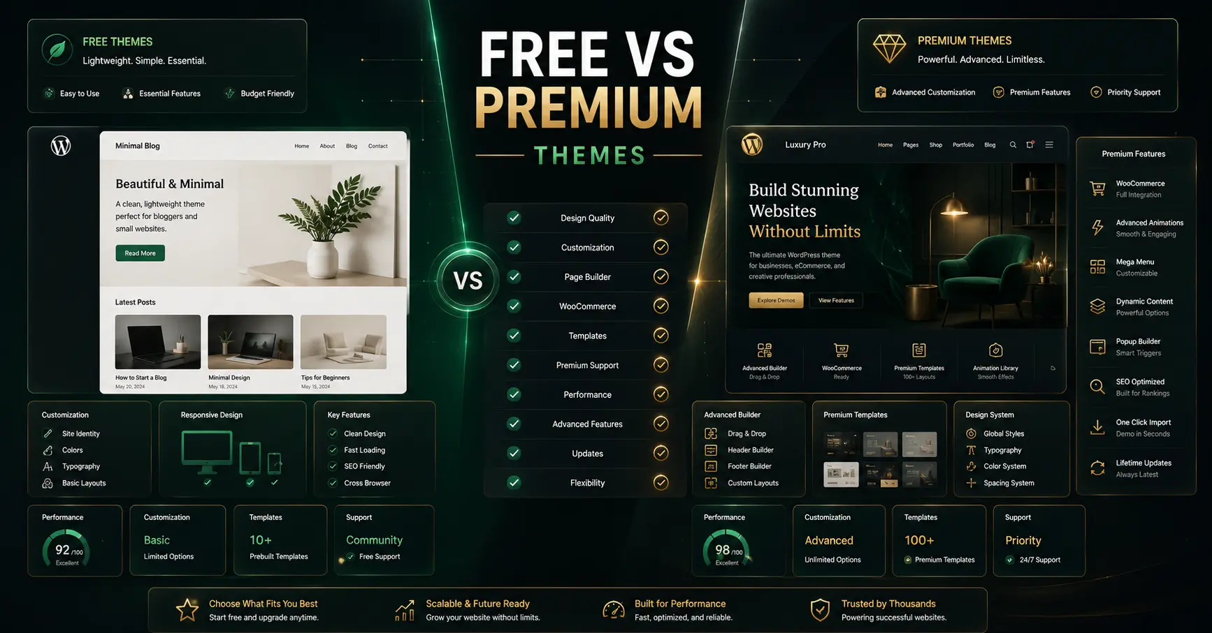 3D comparison of free and premium WordPress theme features | Webtricker