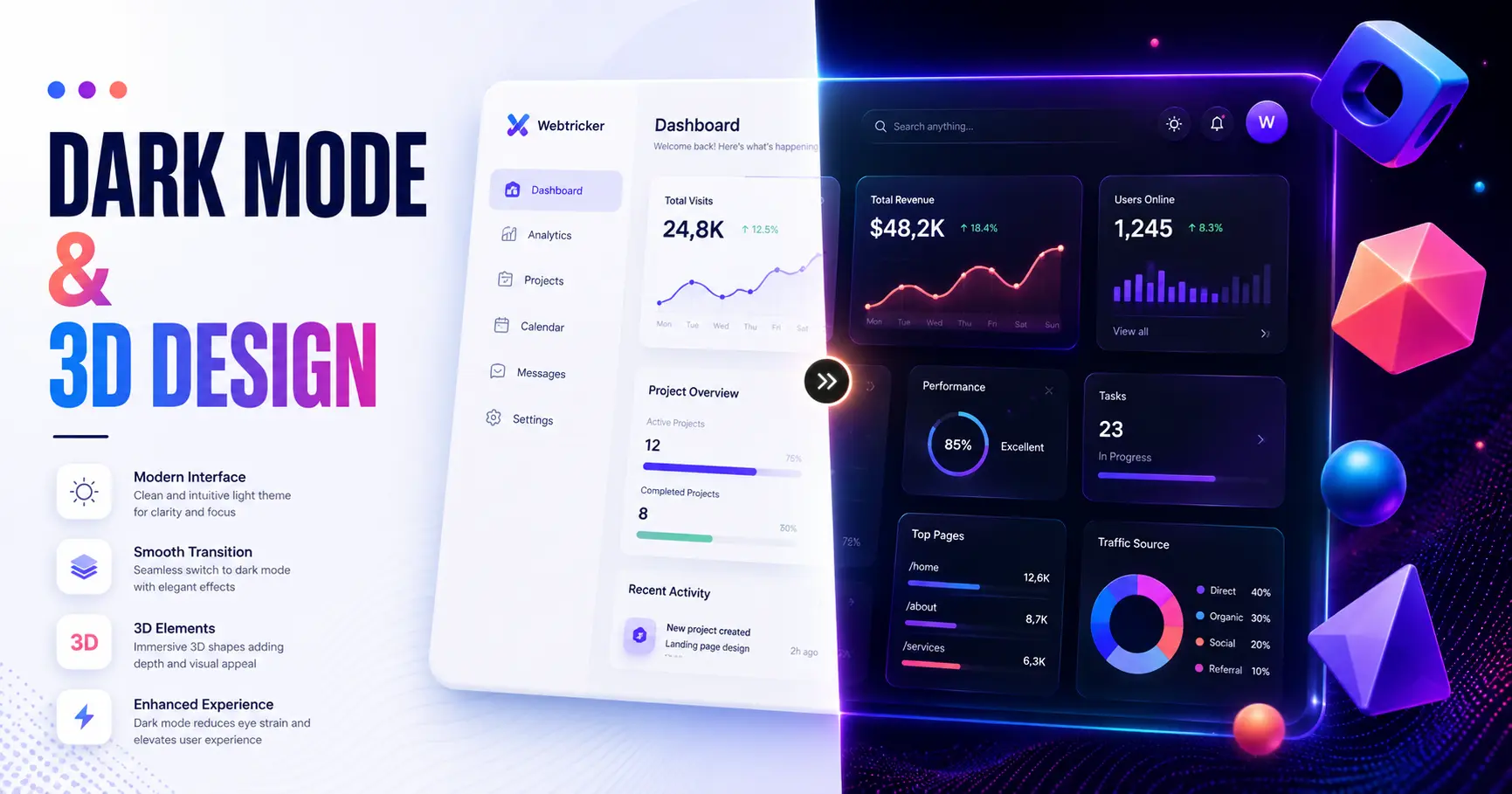 Dark mode web design with 3D elements and intuitive UI layout | Webtricker