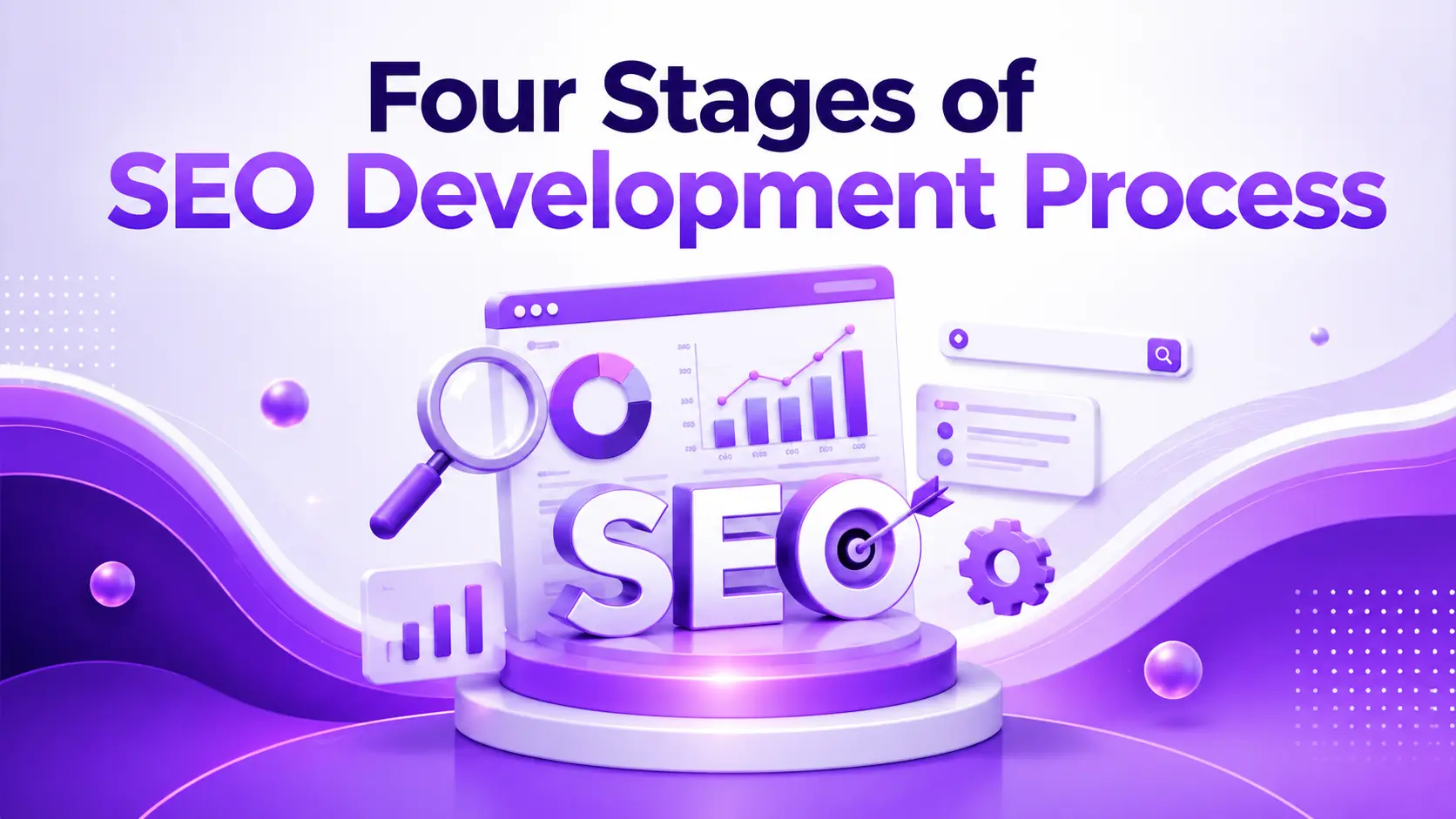 Diagram showing the four stages of SEO development: technical, on-page, off-page, and analysis | Webtricker
