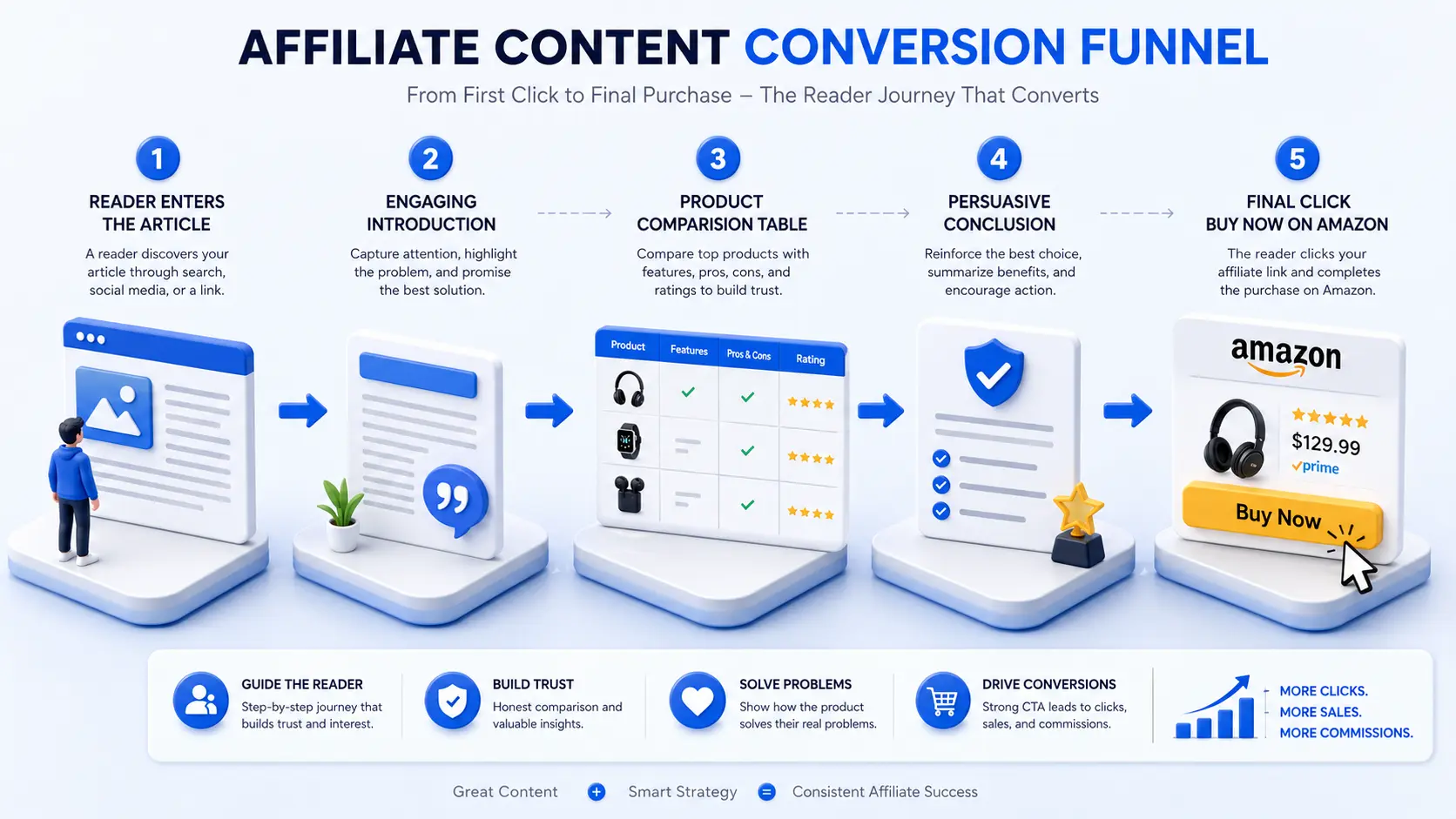 Affiliate Content Conversion Funnel | Webtricker High-converting affiliate content funnel infographic showing reader journey from article entry to comparison table to final Amazon Buy Now click