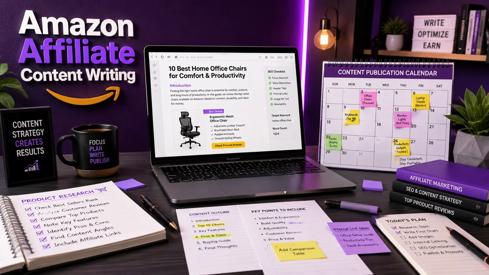 Content Writing Workflow for Amazon Affiliate Marketing | Webtricker Professional content writing setup for Amazon affiliate marketing featuring a laptop, product research notes, and a publication calendar