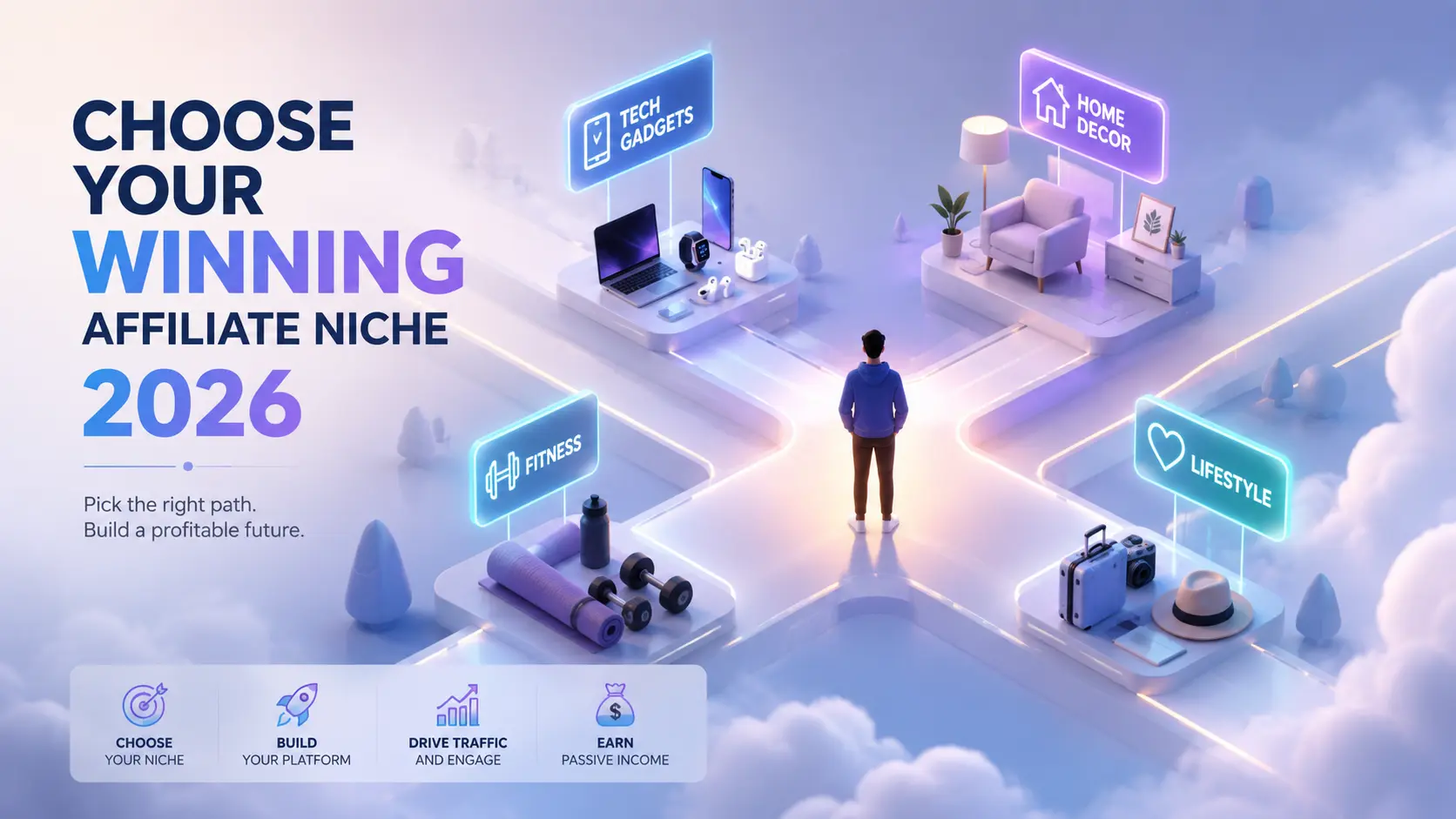 How to Choose a Profitable Affiliate Marketing Niche | Webtricker Choosing a profitable affiliate marketing niche showing different paths including tech, home decor, fitness, and lifestyle options