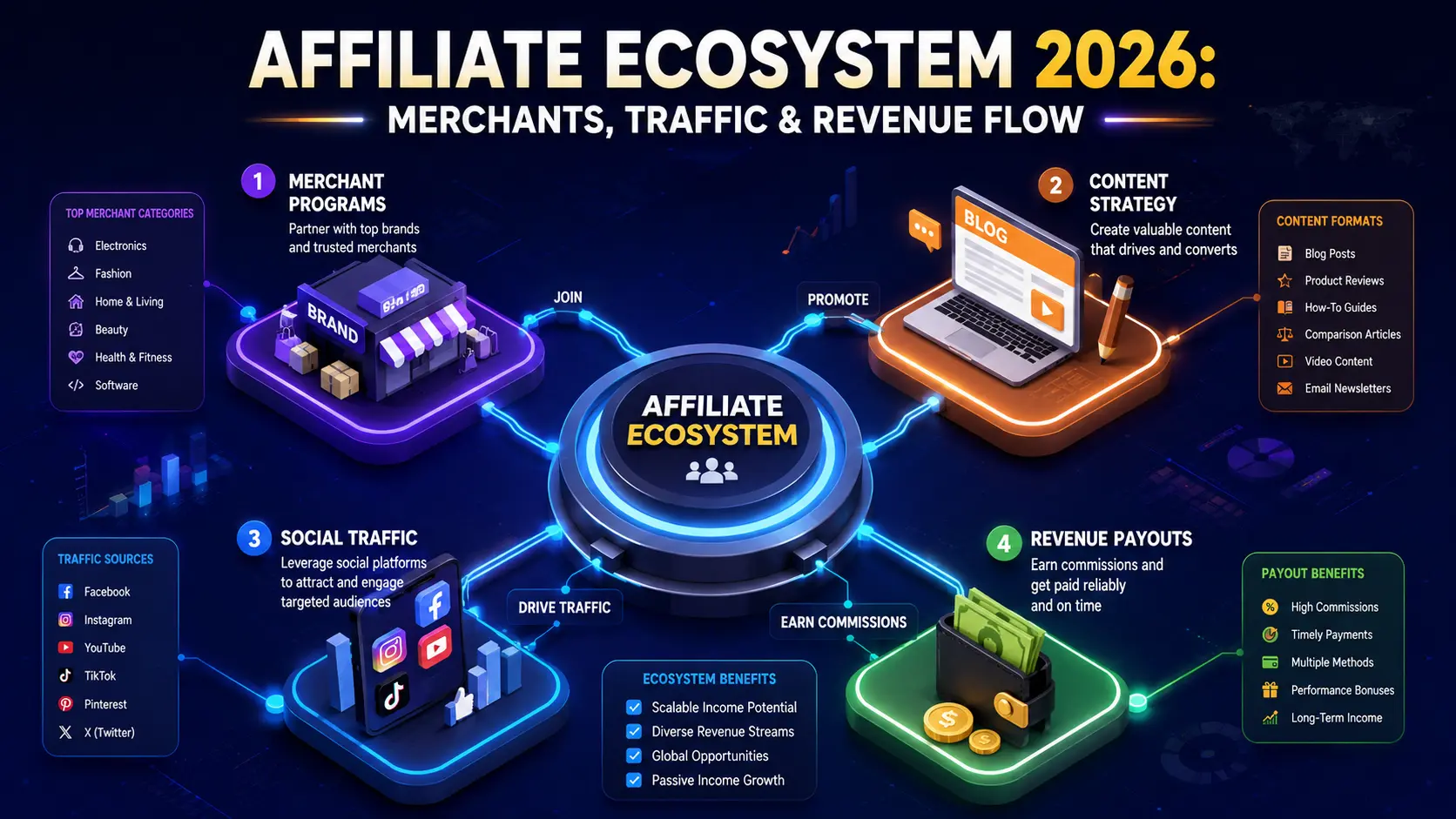 Affiliate Marketing Ecosystem: How It All Works Together | Webtricke Affiliate marketing ecosystem infographic showing how merchant programs, content strategy, social traffic, and revenue payouts are connected