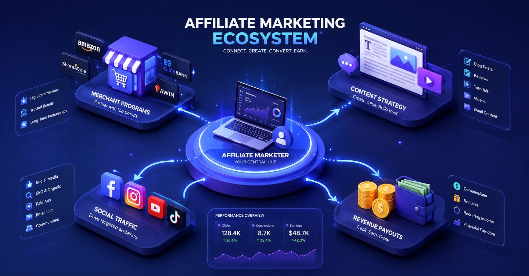 Affiliate Marketing Ecosystem: Merchant Programs, Content Strategy, Traffic and Revenue Flow | Webtricker Isometric 3D illustration of an affiliate marketing ecosystem showing a central hub connected to merchant programs, content strategy, social traffic sources, and revenue payouts