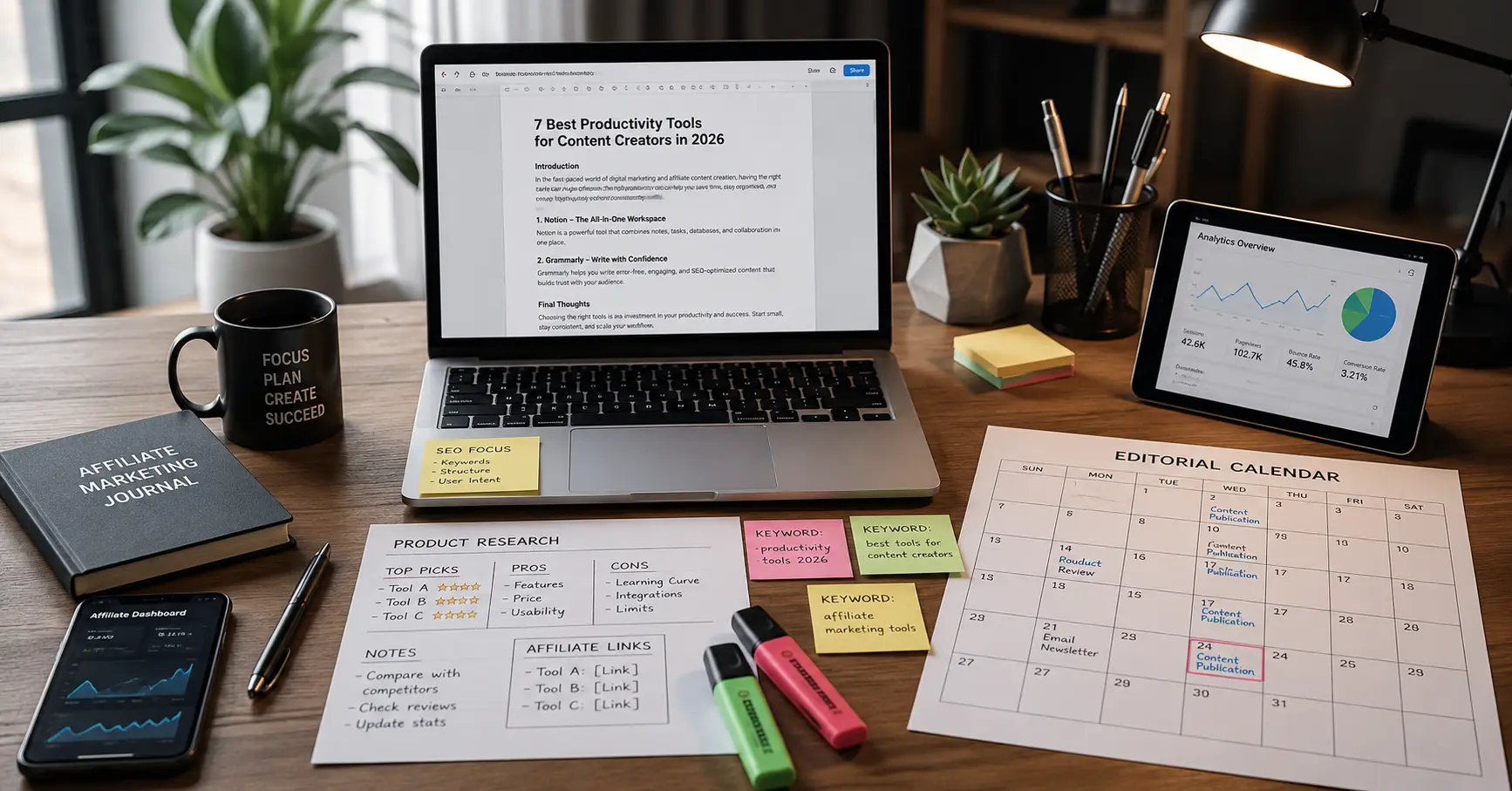 Content Writing Workflow for Affiliate Marketing Success | Webtricker Photorealistic workspace setup for affiliate marketing content writing, showing a laptop with a draft document, organized product research notes, and a content publication calendar