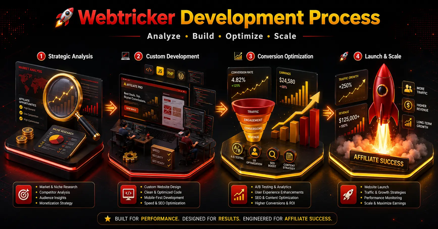 Webtricker's Custom Affiliate Development Process Webtricker's custom affiliate web development process shown as a four-stage isometric infographic