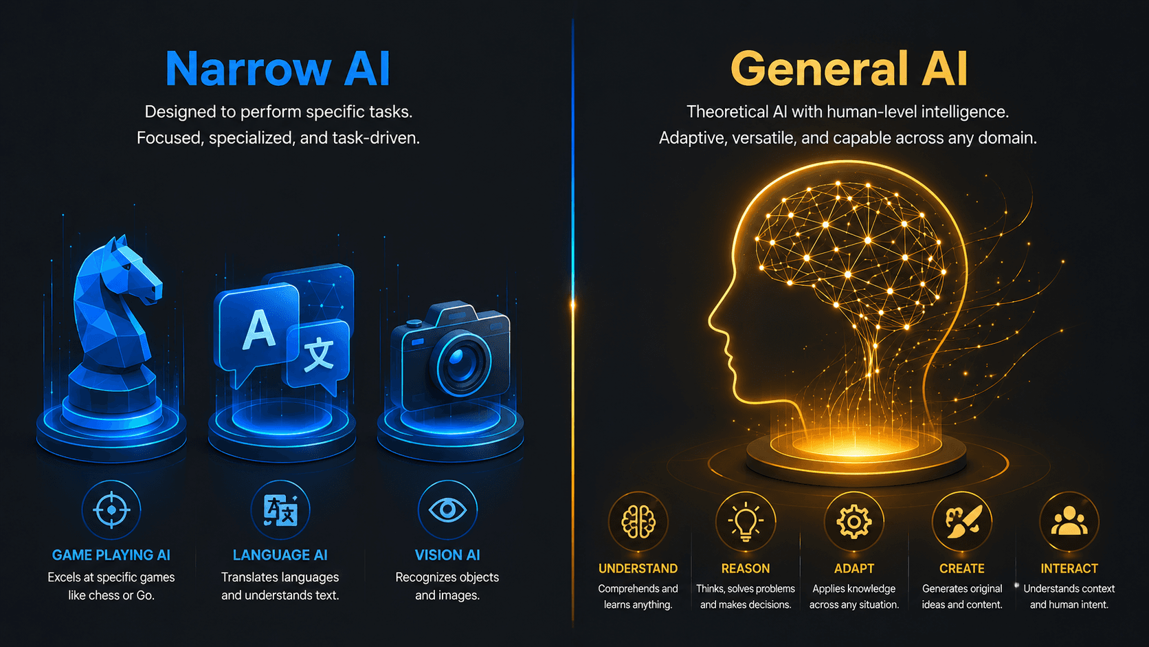 Narrow AI vs General AI - Concept Comparison Visual comparison diagram showing specialized Narrow AI applications versus theoretical General AI capabilities by Webtricker