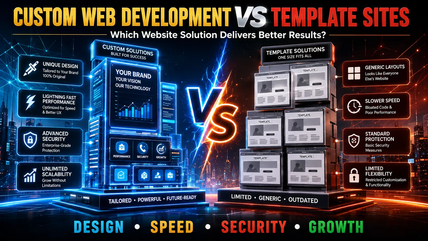 Custom Web Development vs Template Sites | Webtricker Comparison between custom web development and template-based website solutions