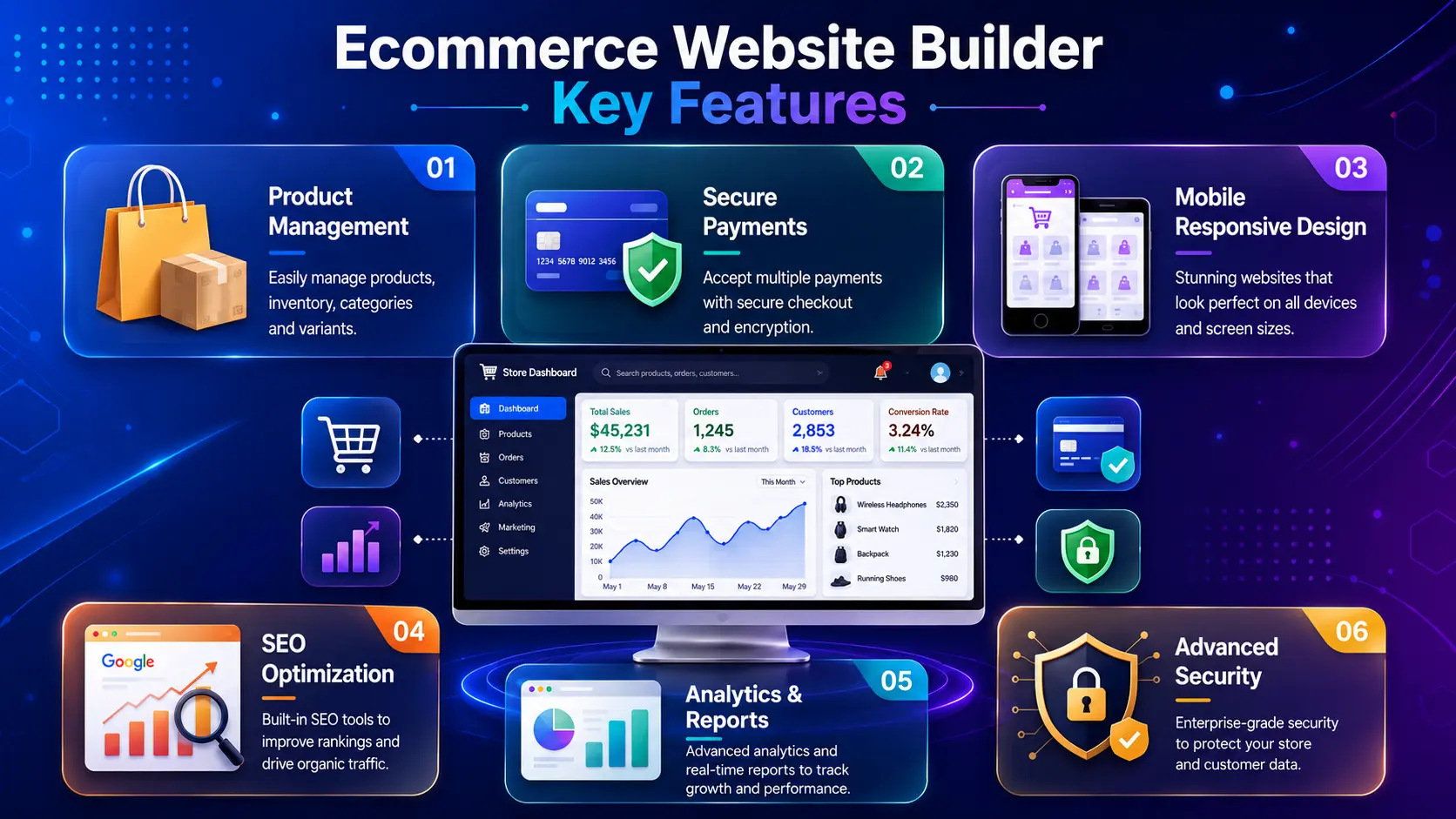 Ecommerce Website Builder Key Features | Webtricker Key features of an ecommerce website builder including product management, payment processing, and mobile responsiveness