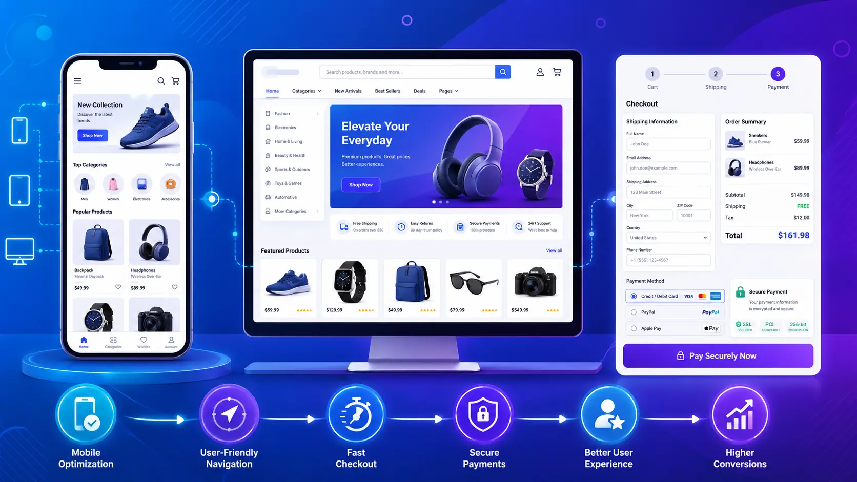 Ecommerce Website Builder Design and UX | Webtricker Ecommerce website builder design and user experience elements showing mobile view, navigation, and checkout process