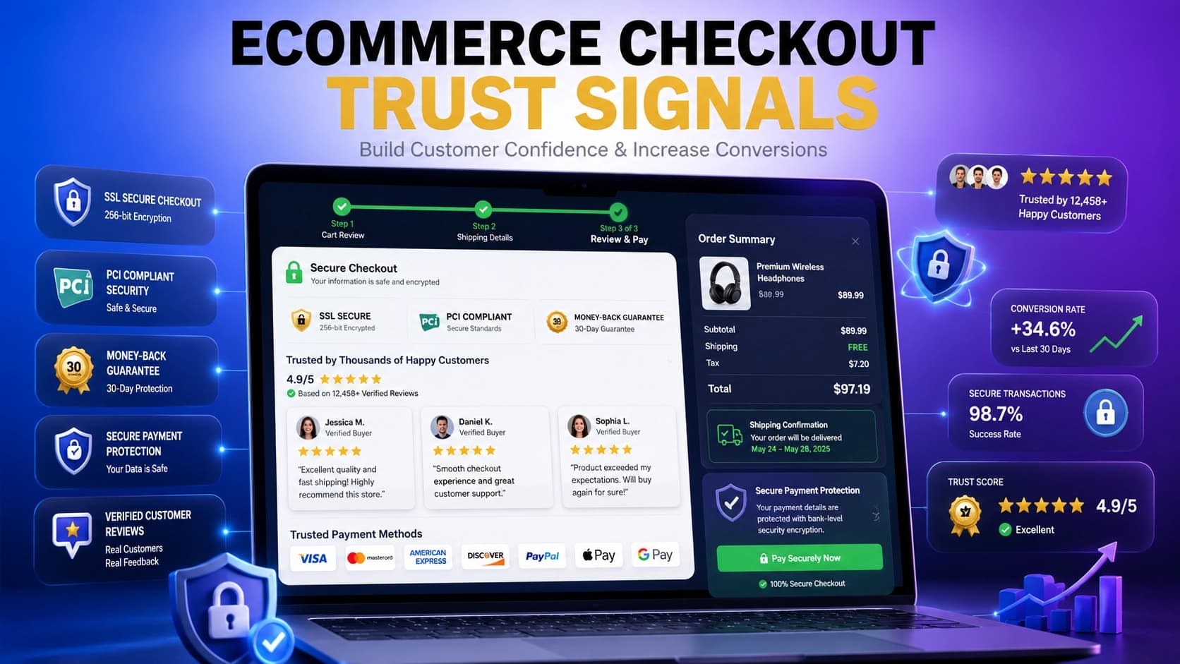 Ecommerce Checkout Trust Signals | Webtricker Ecommerce checkout page showing trust signals and a progress indicator as part of effective ecommerce website design