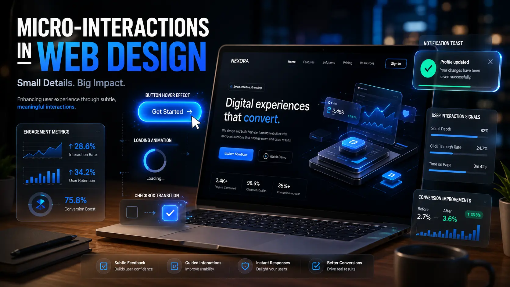 Micro-Interactions in Web Design | Webtricker Examples of micro-interactions in modern web design including button hover and loading states
