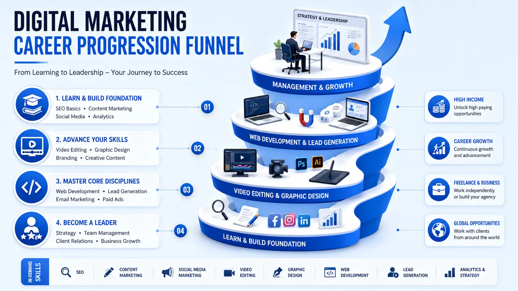 Digital Marketing Career Progression Funnel | Webtricker Digital marketing career progression infographic showing a professional journey from foundational skills to lead generation mastery and senior management success | Webtricker
