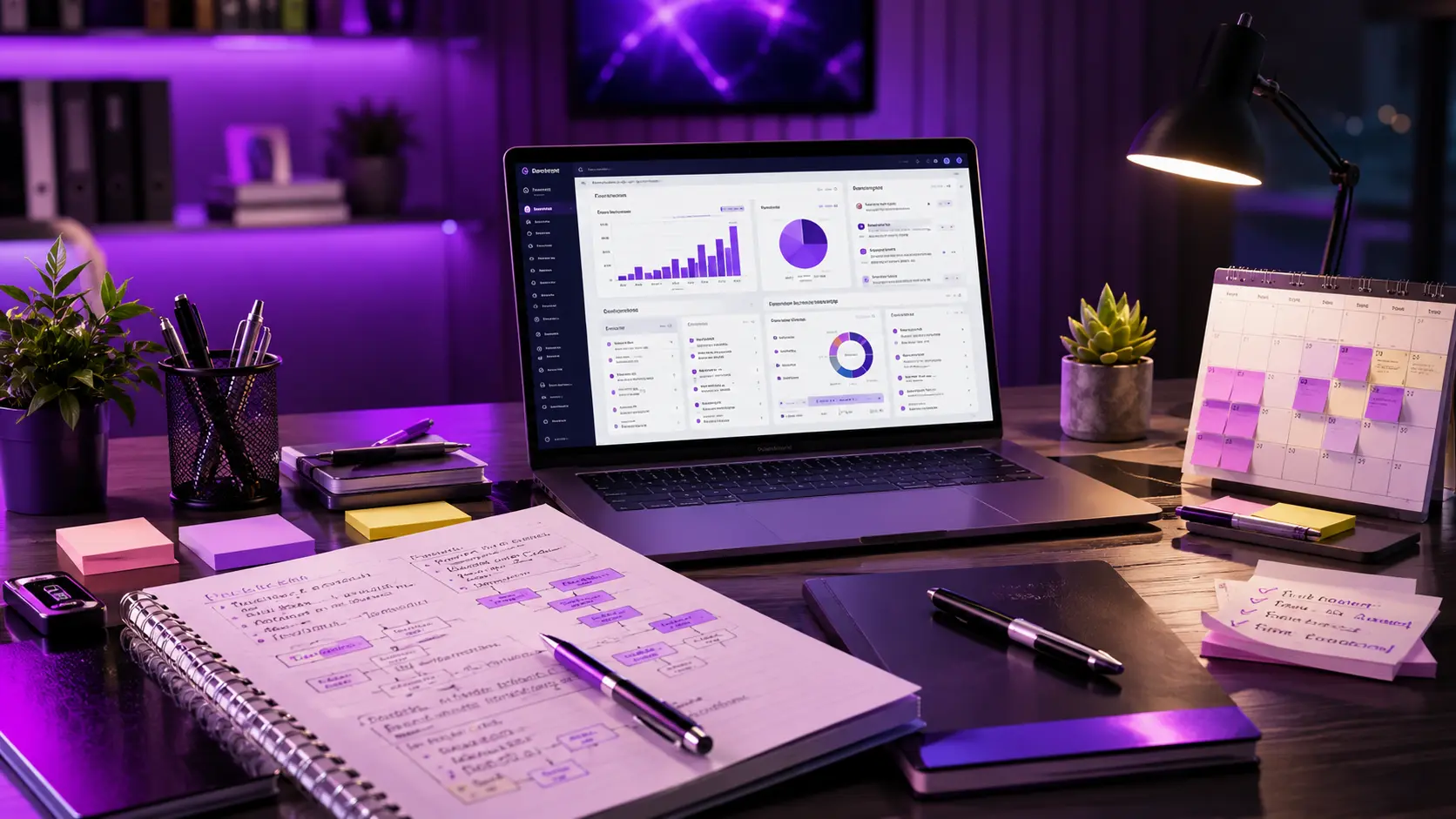 Professional Workflow for Digital Marketing Careers | Webtricker Professional digital marketing workspace featuring a laptop with business analysis documents, lead generation notes, and a campaign management calendar in a premium purple-themed setup | Webtricker