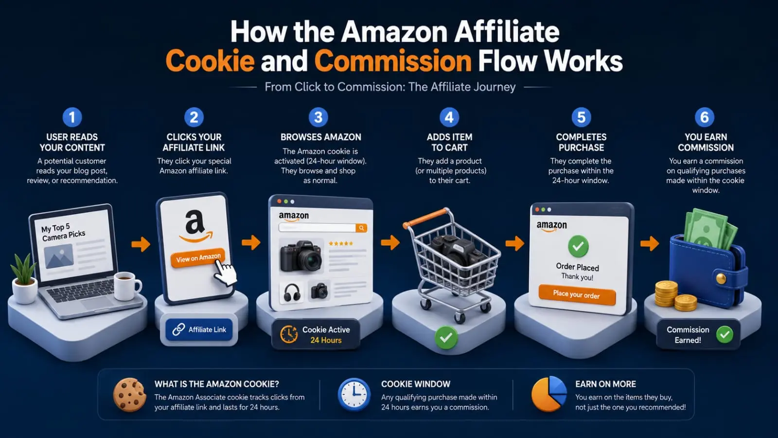 How the Amazon Affiliate Cookie and Commission Flow Works High-converting infographic explaining the Amazon affiliate 24-hour cookie window and commission flow, showing a user clicking a link, browsing, and completing a purchase that results in a commission payout