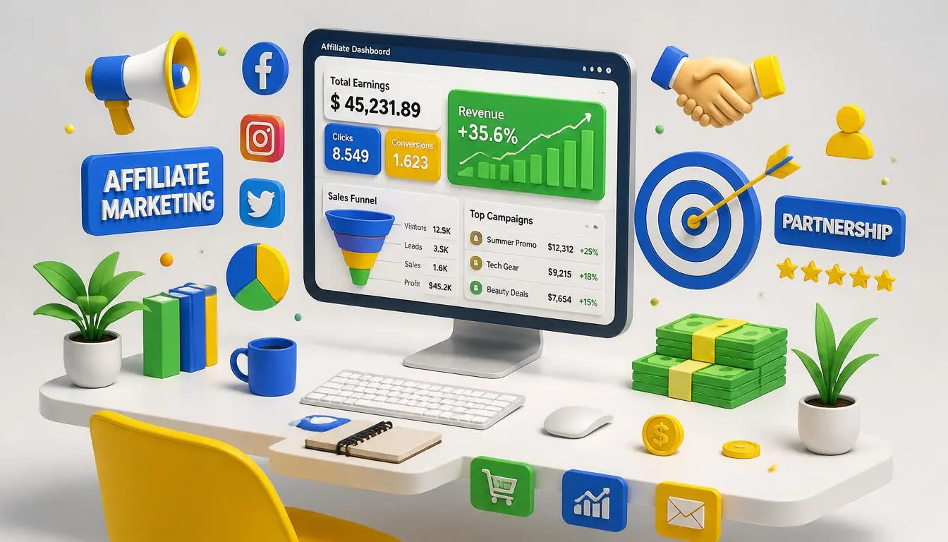 Beginner Workflow for Amazon Affiliate Marketing Professional digital setup for a beginner affiliate marketer featuring a laptop, niche research notes, website design wireframes, and a productive orange-themed workspace