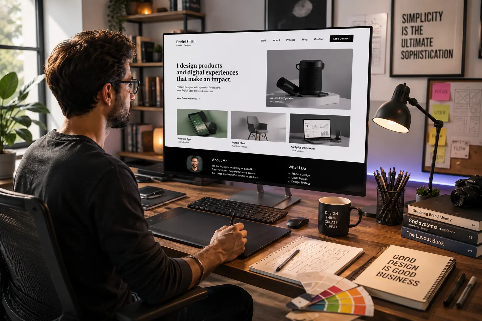 Design Portfolio Presentation Setup | Webtricker Professional design portfolio presentation setup showing project photoshoot with color palette and props | Webtricker