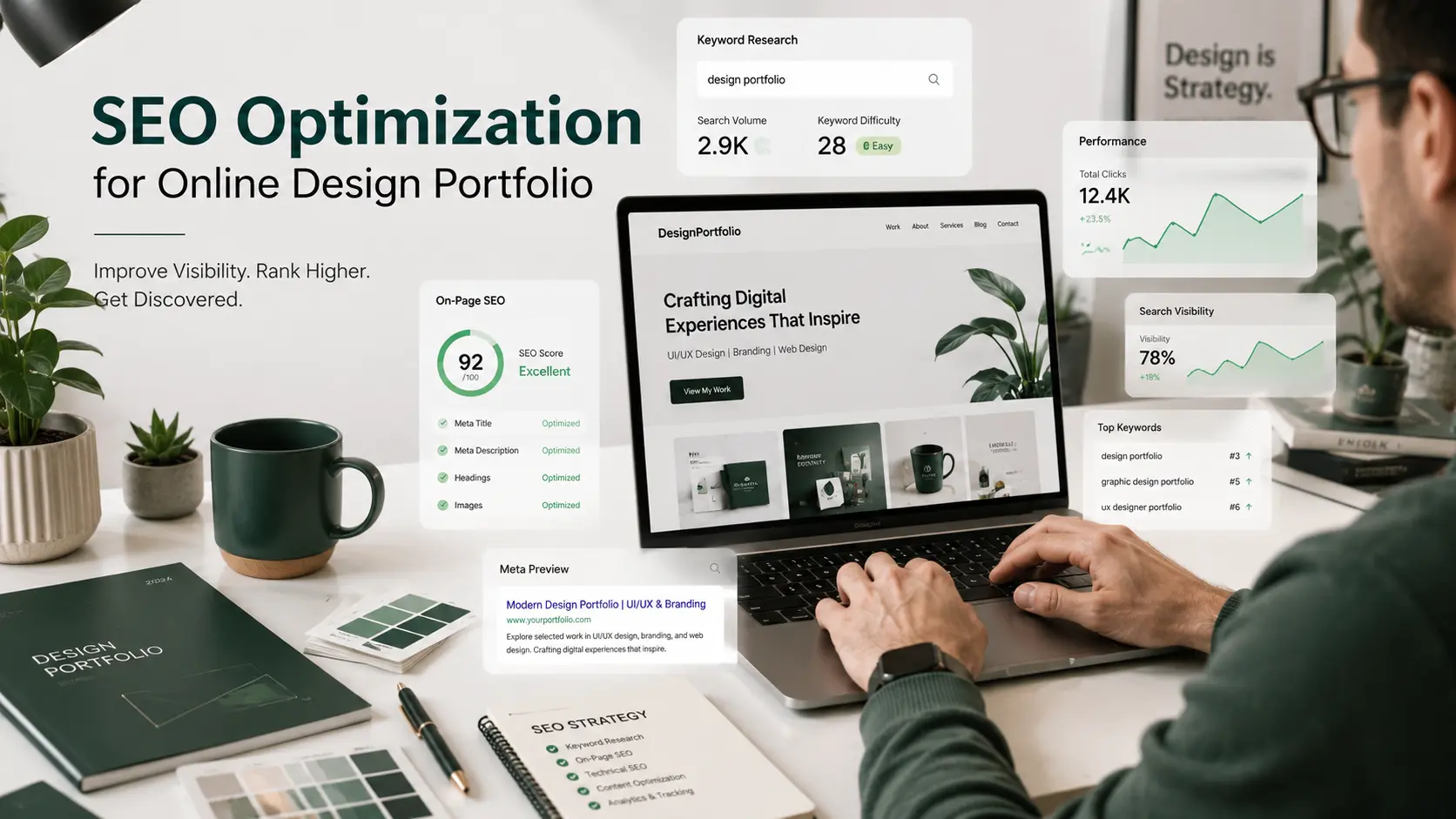 SEO Optimization for Online Design Portfolio | Webtricker Designer optimizing online design portfolio SEO with keyword research and metadata tools on laptop | Webtricker
