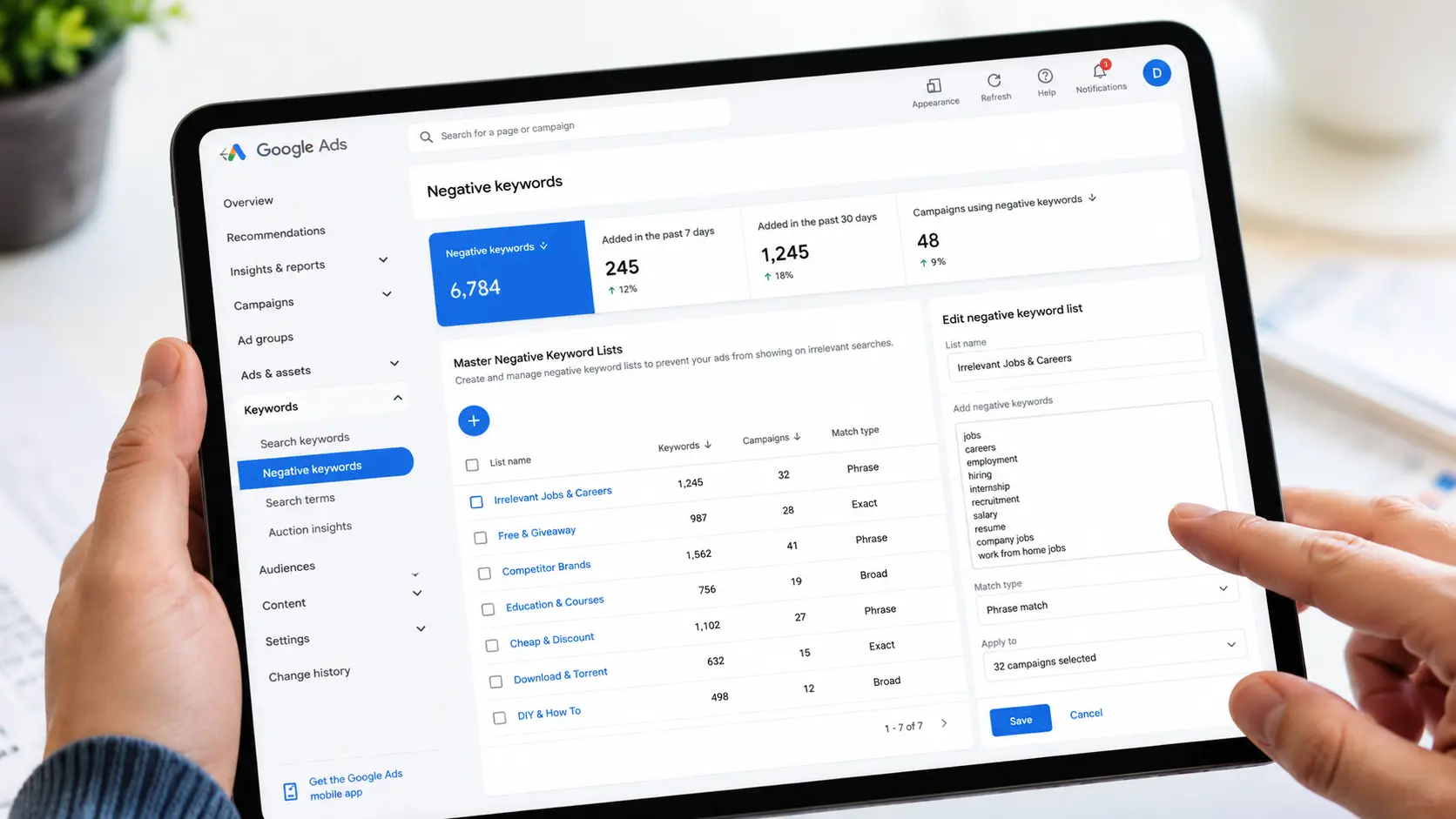 Master Negative Keyword Optimization Matrix | Webtricker Performance media buyer organizing master negative keyword lists to prevent ad budget waste inside a Google Ads account