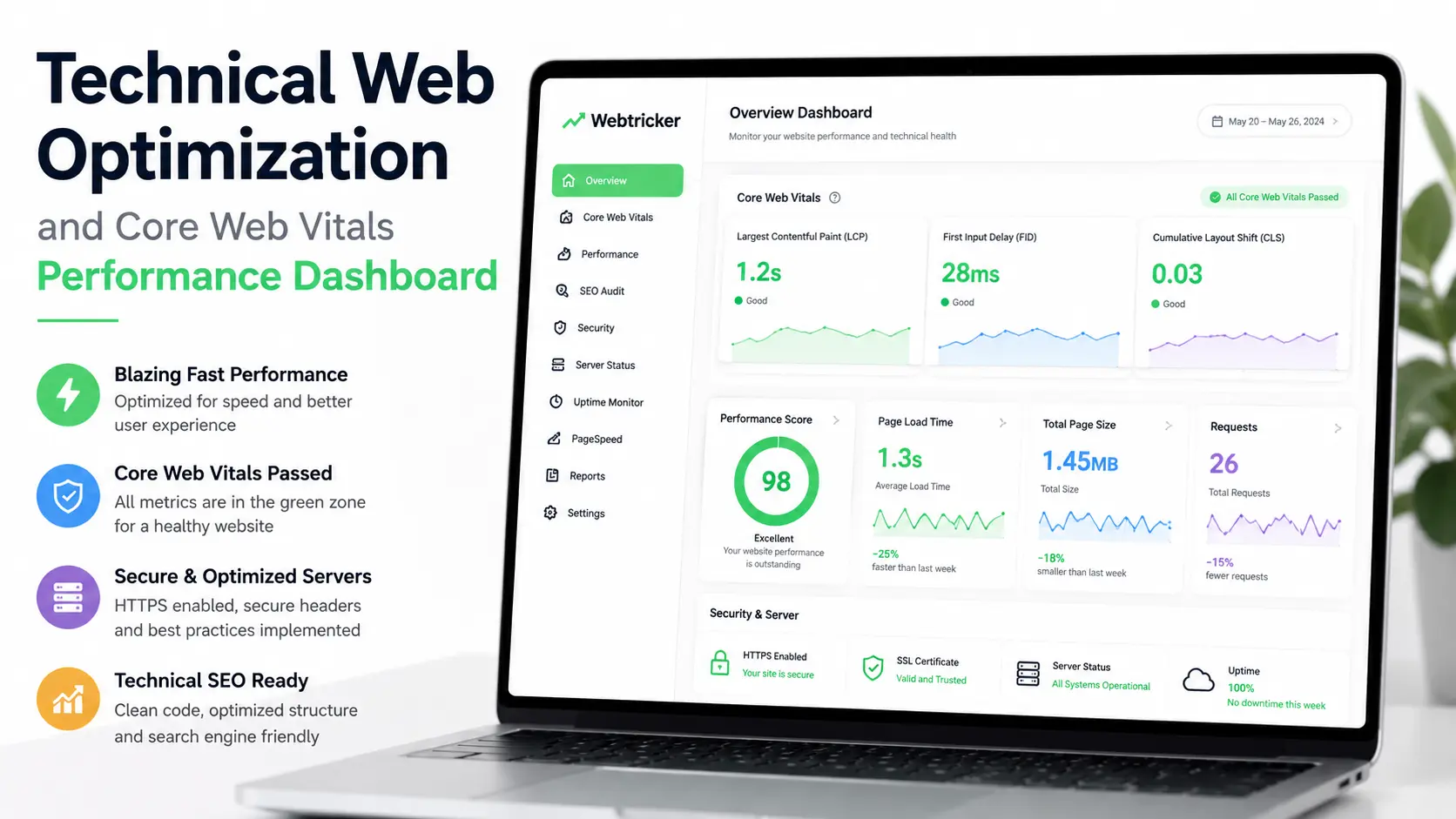 Technical Web Optimization and Core Web Vitals Performance Dashboard | Webtricker Website technical performance dashboard displaying strong Core Web Vitals speed scores and technical SEO optimization metrics | Webtricker