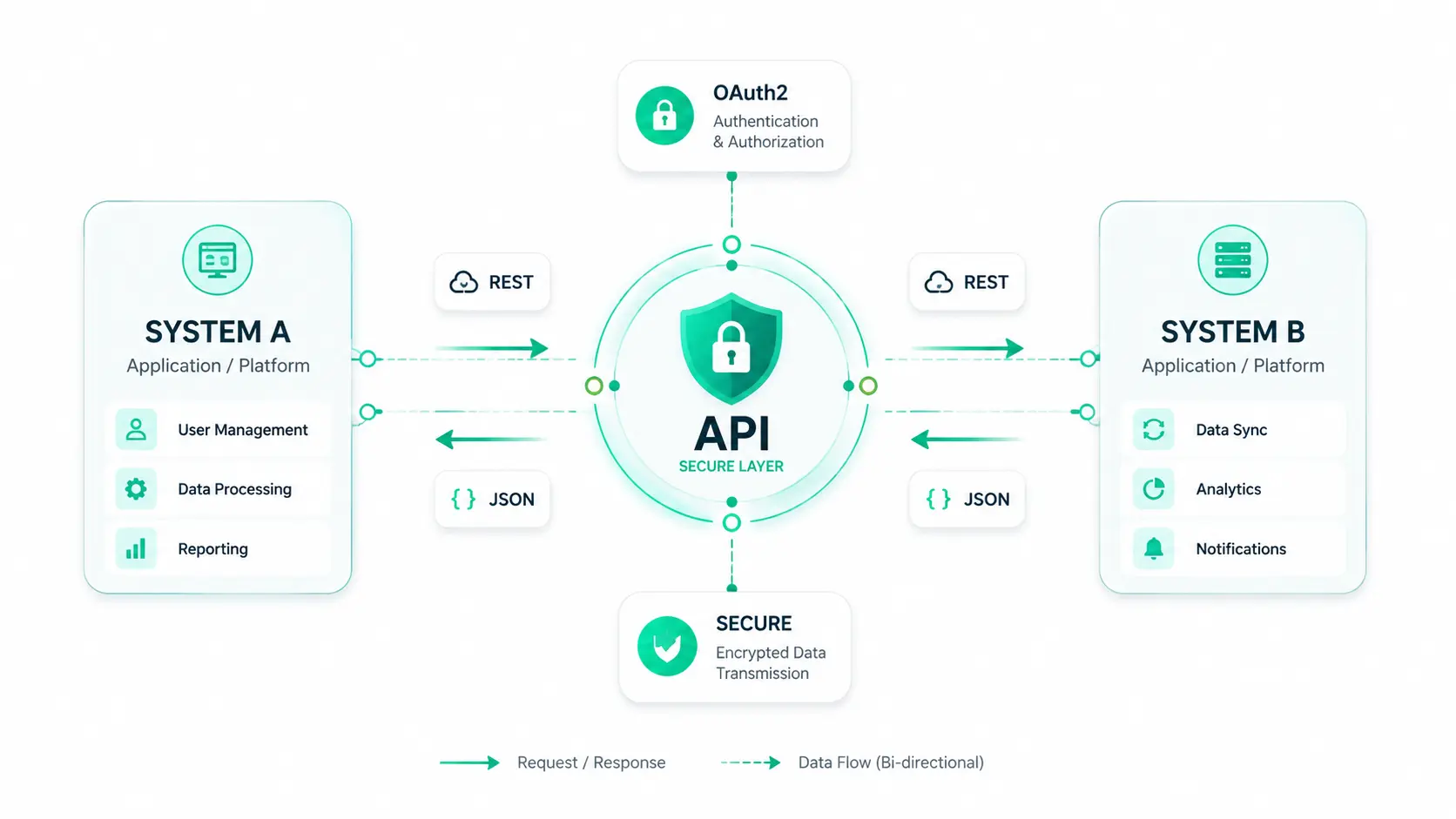 API Development Service Overview Diagram showing two software systems communicating through an API with OAuth2 security at Webtricker